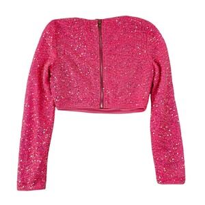Pink Sequined Cropped Long Sleeve Top Full Back Zip Sparkly Party Blouse